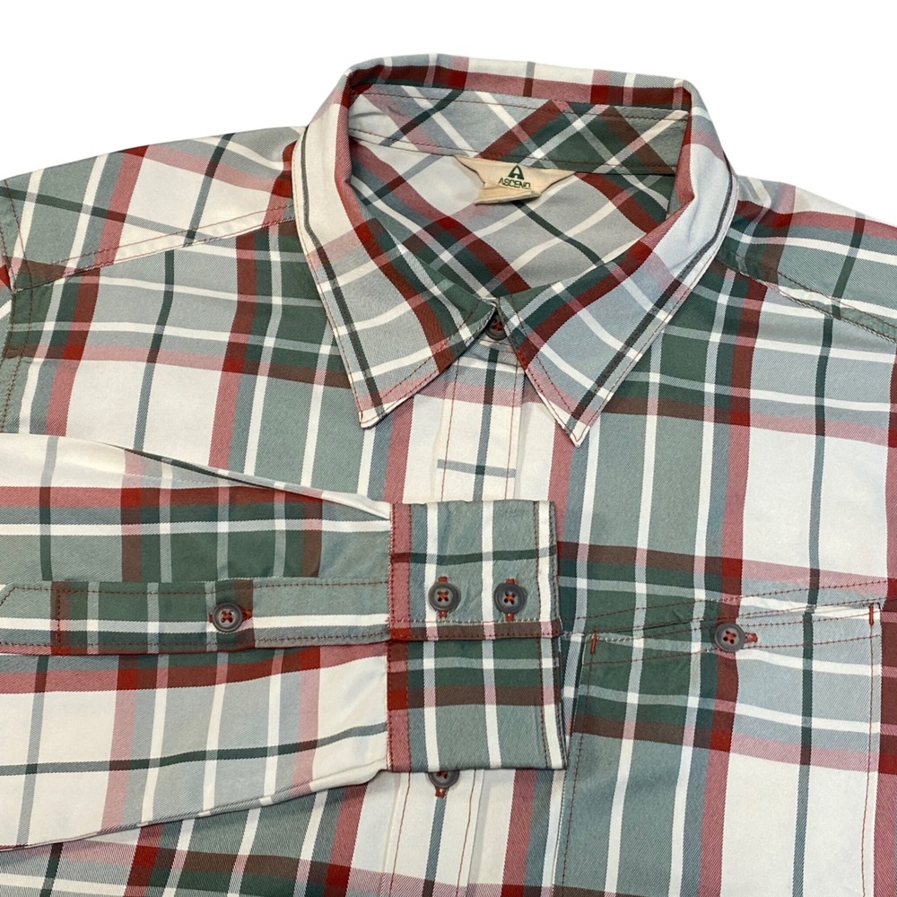 Ascend Womens Plaid Button Up Hiking Shirt Green Red Roll‎ Tab Sleeve Large